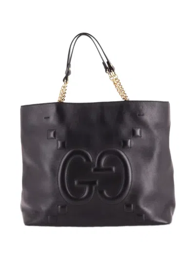 Pre-owned Gucci Apollo Gg Embossed Calfskin Large Tote Bag In Black