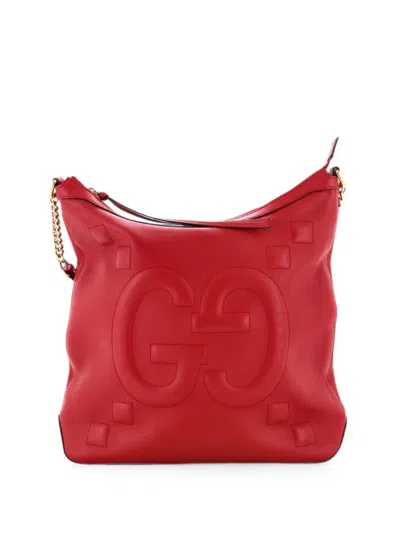 Pre-owned Gucci Apollo Gg Embossed Calfskin Medium Hobo Bag In Red