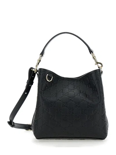 Gucci 'arabella' Black Shoulder Bag With All-over Gg Embroidery And Adjustable And Removable Shoulde