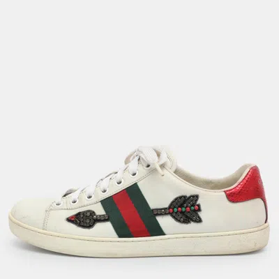 Pre-owned Gucci Arrow Ace Size 38 White Leather Crystal Embellished Low Top Sneakers
