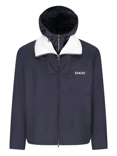 Gucci Attached Hood Logo-detail Jacket In Blue