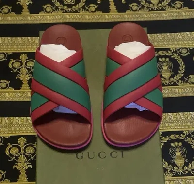 Pre-owned Gucci Auth  Agrado Rubber Web Stripe Slides Sandals Coral Sham Sz 36 In Pink