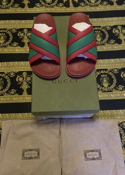 Pre-owned Gucci Auth  Agrado Rubber Web Stripe Slides Sandals Coral Sham Sz 37 In Pink