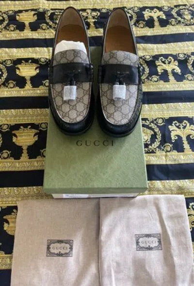 Pre-owned Gucci Auth  Leather Monogram Gg Supreme Tassel Loafers Shoes 11.5 Us 12 In Black