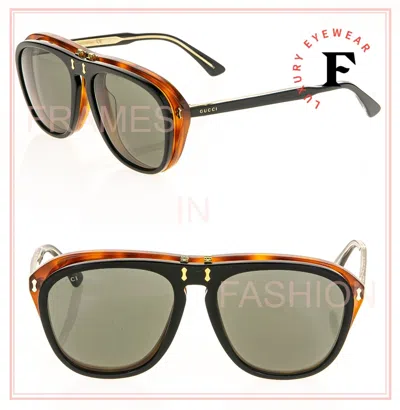 Pre-owned Gucci Authentic 0087 Black Havana Brown Flip Retro Aviator Sunglasses Gg0087 003 In Gray