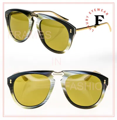 Pre-owned Gucci Authentic 0305 Gold Green Horn Stripe Foldable Sunglasses Gg0305s 003 In Yellow