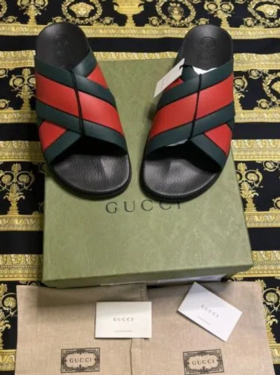 Pre-owned Gucci Authentic  Agrado Rubber Web Stripe Slides Sandals Sz 14 Us 14.5 In Black
