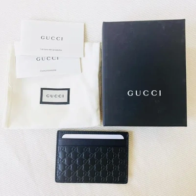 Pre-owned Gucci Authentic  Black Microssima Embossed Leather Credit Card Holder