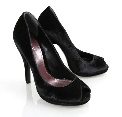 Pre-owned Gucci Authentic  Elizabeth Velvet Platform Pump Shoes,black, 306106