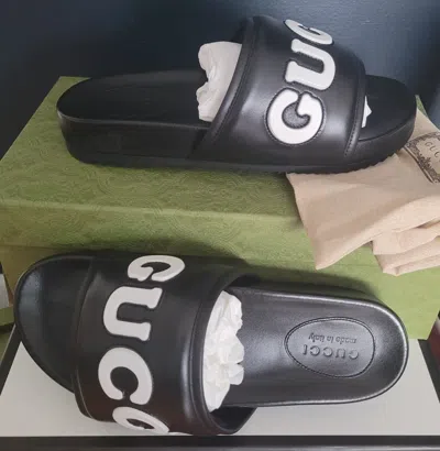 Pre-owned Gucci Authentic  Logo Sideline Leather Slide "black" Mens  10 (us 10.5)