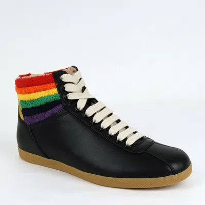 Pre-owned Gucci Authentic  Men's Black Leather Rainbow Hi-top Sneaker 473375 1079