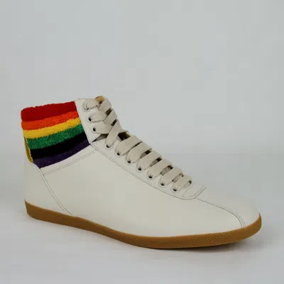 Pre-owned Gucci Authentic  Men's Cream Leather Rainbow Hi-top Sneaker 473375 9080 In White