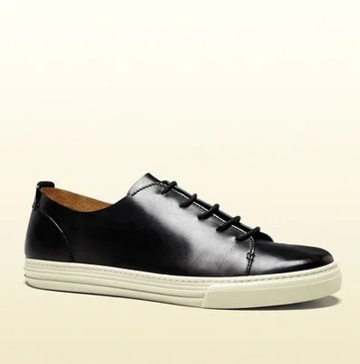 Pre-owned Gucci Authentic  Men Leather Lace-up Sneaker W/hysteria Crest, 342037 In Black