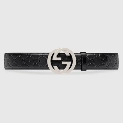 Pre-owned Gucci Authentic  Men's Signature Leather Belt Black & Silver Size: 95 /us 34