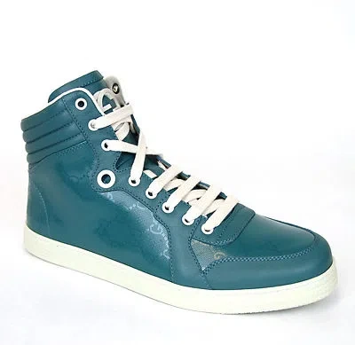 Pre-owned Gucci Authentic  Mens Gg Imprime High-top Sneakers, Aqua, 343135 4715 In Blue
