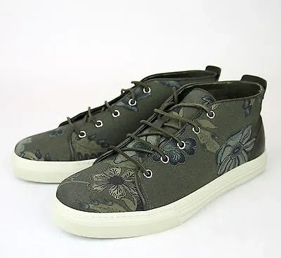 Pre-owned Gucci Authentic  Mens Green Floral Fabric Lace-up Sneaker, 342048 3364
