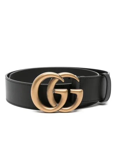 Pre-owned Gucci Authentic  Mens Smooth Leather Belt With Gg Buckle 397660 In Black