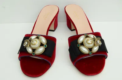 Pre-owned Gucci Authentic  Red Pumps Velvet Shoes Pearl Bee Womens 524675 K4d80 6456 In White