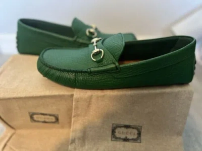 Pre-owned Gucci Authentic  Silver Horsebit Green Leather Mens Loafer Us 10.5 Uk 10