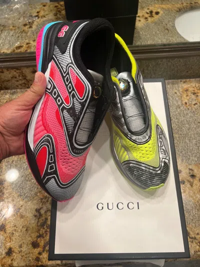 Pre-owned Gucci Authentic  Ultrapace R Mismatched Mid-top Sneaker Mens  Size 10 In Neon Yellow/ Pink / Multicolor