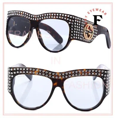 Pre-owned Gucci Authentic Hollywood Forever 0144 Blue Havana Crystal Sunglasses Gg0144s