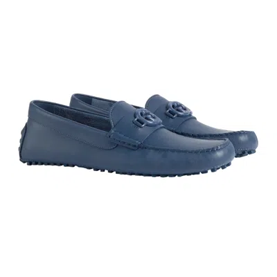 Pre-owned Gucci Authentic Men's  Blue Leather Interlocking Driving Loafer Moccasin