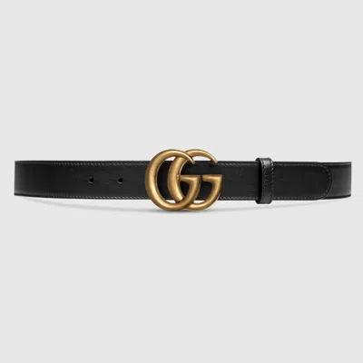 Pre-owned Gucci Authentic Men's  Gg Marmont Thin Belt Black & Gold Size: 100/us36