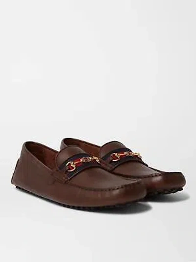 Pre-owned Gucci Ayrton Webstripe Horsebit Driving Driver Loafers Moccasin Flat Shoes $740 In Brown