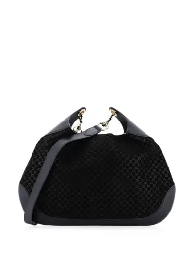 Pre-owned Gucci B Gg Suede Medium Shoulder Bag In Black