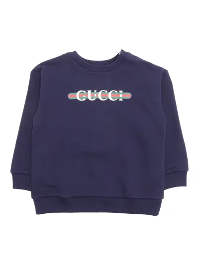 Gucci Logo Printed Crewneck Sweatshirt In Blue