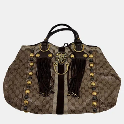 Pre-owned Gucci Babouska Heart Beige Ebony Crystal Canvas Tote Bag In Sand