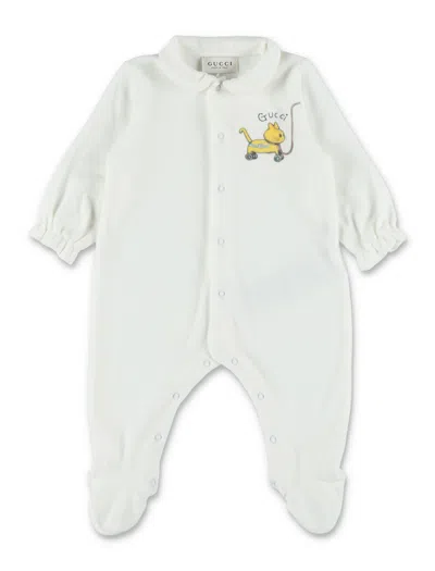 Gucci Baby Cotton Blend Footed Romper With Peter Pan Collar In Bianco