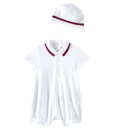 Gucci Baby Cotton Piquet Bodysuit And Beanie Set In Blue