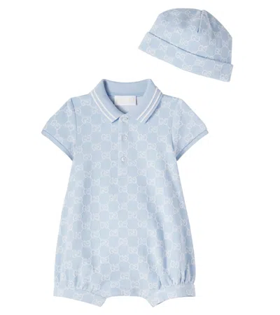 Gucci Baby Gg Cotton Hat And Onesie Set In Blue