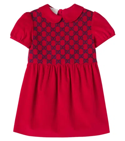 Gucci Baby Gg Embroidered Cotton Velvet Dress In Red