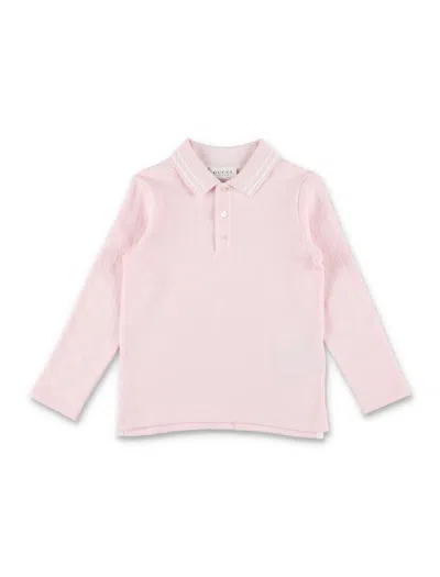 Gucci Baby Girl Gg Cotton Piqué Polo With Striped Collar In Light Pink