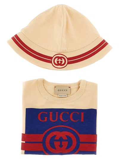 Gucci Baby Set Bib + Cap In Beige