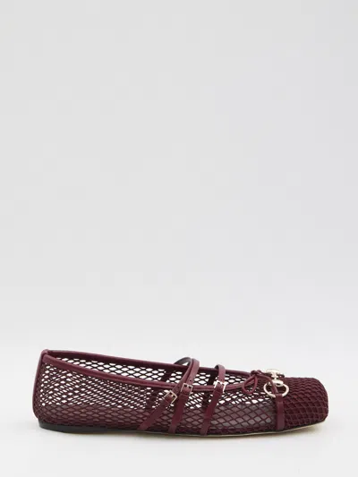 Gucci Horsebit Mesh Red Lamb Leather Ballerinas In Burgundy