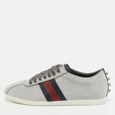 Pre-owned Gucci Bambi Size 38.5 Silver Glitter Web Detail Studded Lace Up Sneakers