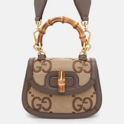 Pre-owned Gucci Bamboo 1947 Jumbo Gg Top Handle 2wayhandbag Beige/brown Canvas Leather Size Mini In Sand