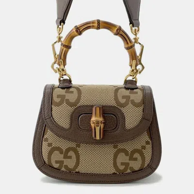 Pre-owned Gucci Bamboo 1947 Jumbo Gg Top Handle Bag Beige/brown Canvas Leather Size Mini In Sand