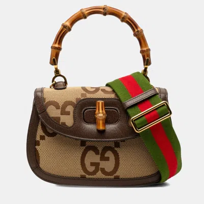 Pre-owned Gucci Bamboo 1947 Small Beige Brown Jumbo Gg Canvas Dollar Calfskin Leather Top Handle Bag