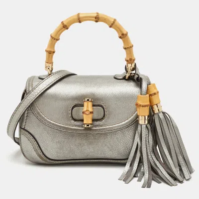 Pre-owned Gucci Bamboo 1947 Small Silver Leather Tassel Top Handle Bag