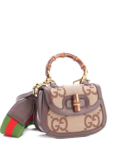 Pre-owned Gucci Bamboo 1947 Top Handle Bag Jumbo Gg Canvas Mini Crossbody Bag In Brown