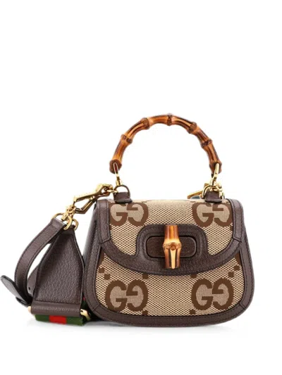 Pre-owned Gucci Bamboo 1947 Top Handle Bag Jumbo Gg Canvas Mini Crossbody Bag In Brown