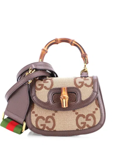 Pre-owned Gucci Bamboo 1947 Top Handle Bag Jumbo Gg Canvas Mini Crossbody Bag In Brown