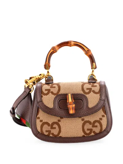 Pre-owned Gucci Bamboo 1947 Top Handle Bag Jumbo Gg Canvas Mini Crossbody Bag In Brown
