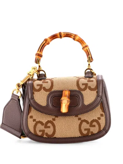 Pre-owned Gucci Bamboo 1947 Top Handle Bag Jumbo Gg Canvas Mini Crossbody Bag In Brown
