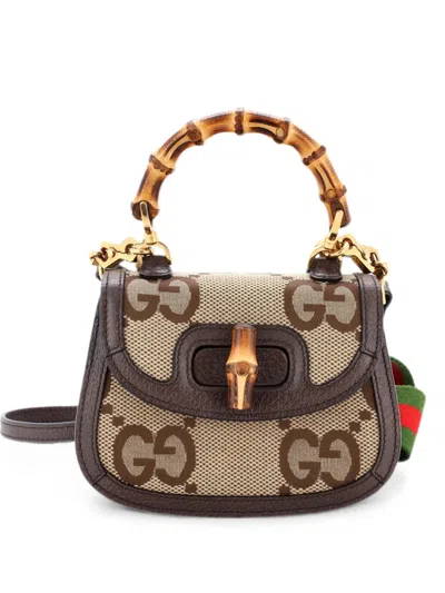 Pre-owned Gucci Bamboo 1947 Top Handle Bag Jumbo Gg Canvas Mini Crossbody Bag In Brown
