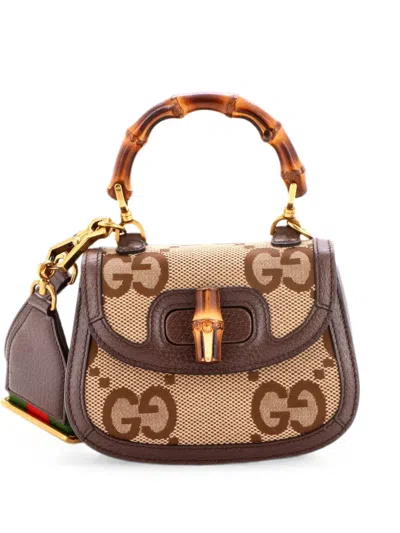 Pre-owned Gucci Bamboo 1947 Top Handle Bag Jumbo Gg Canvas Mini Crossbody Bag In Brown